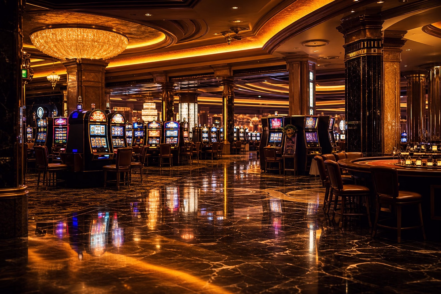Interior de casino con iluminación dorada y máquinas tragaperras